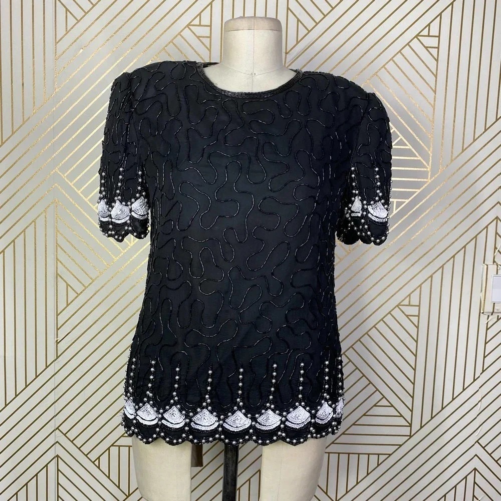 Laurence‎ Kazar Vintage Beaded Blouse in Black & White Gatsby Size Petite Small